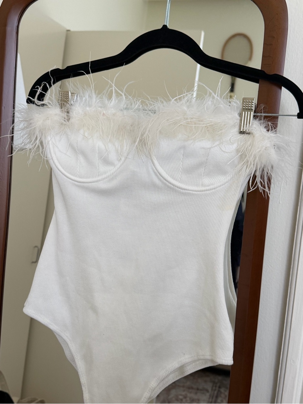 White Feather Trim Strapless Bodysuit - Picture 3 of 7